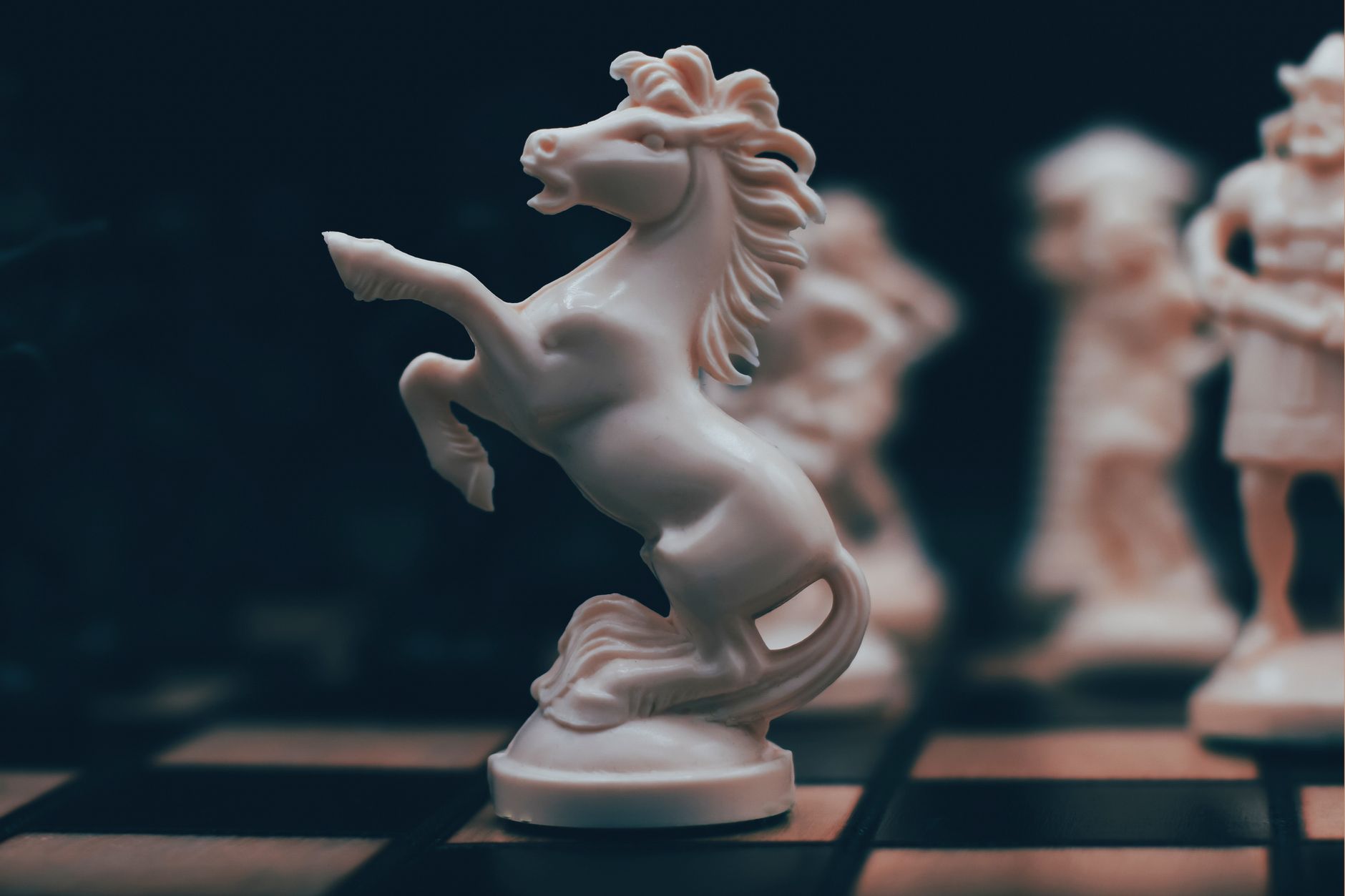 Close-up of a chess knight piece on a chessboard, symbolizing strategy and complexity.