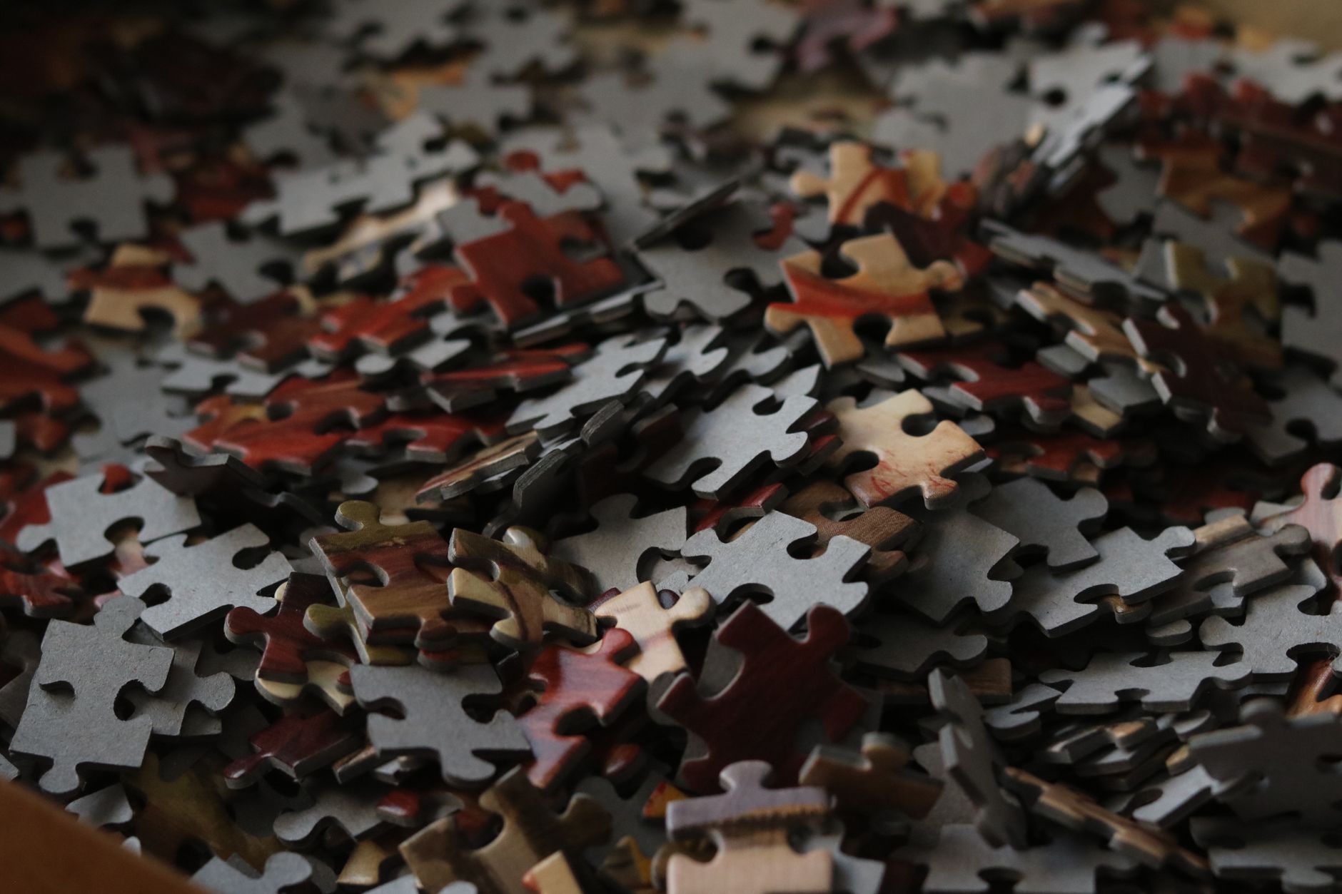 A detailed view of various colored puzzle pieces forming a complex pattern.