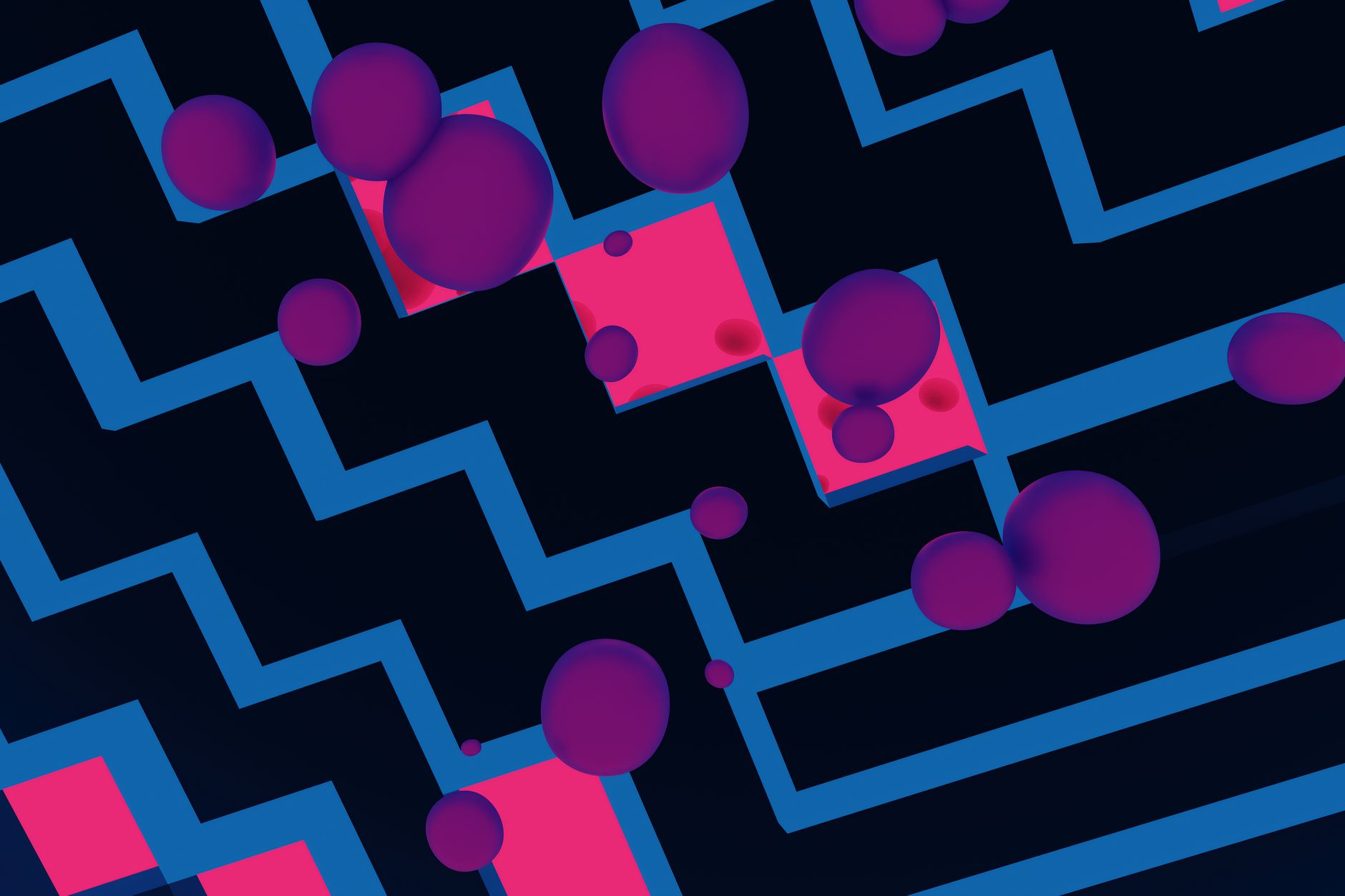 Dynamic abstract background featuring purple spheres and zigzag patterns in vibrant colors.