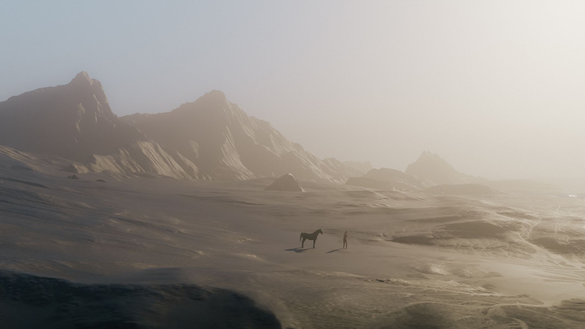 A lone figure and horse silhouette amidst a mystical desert landscape.