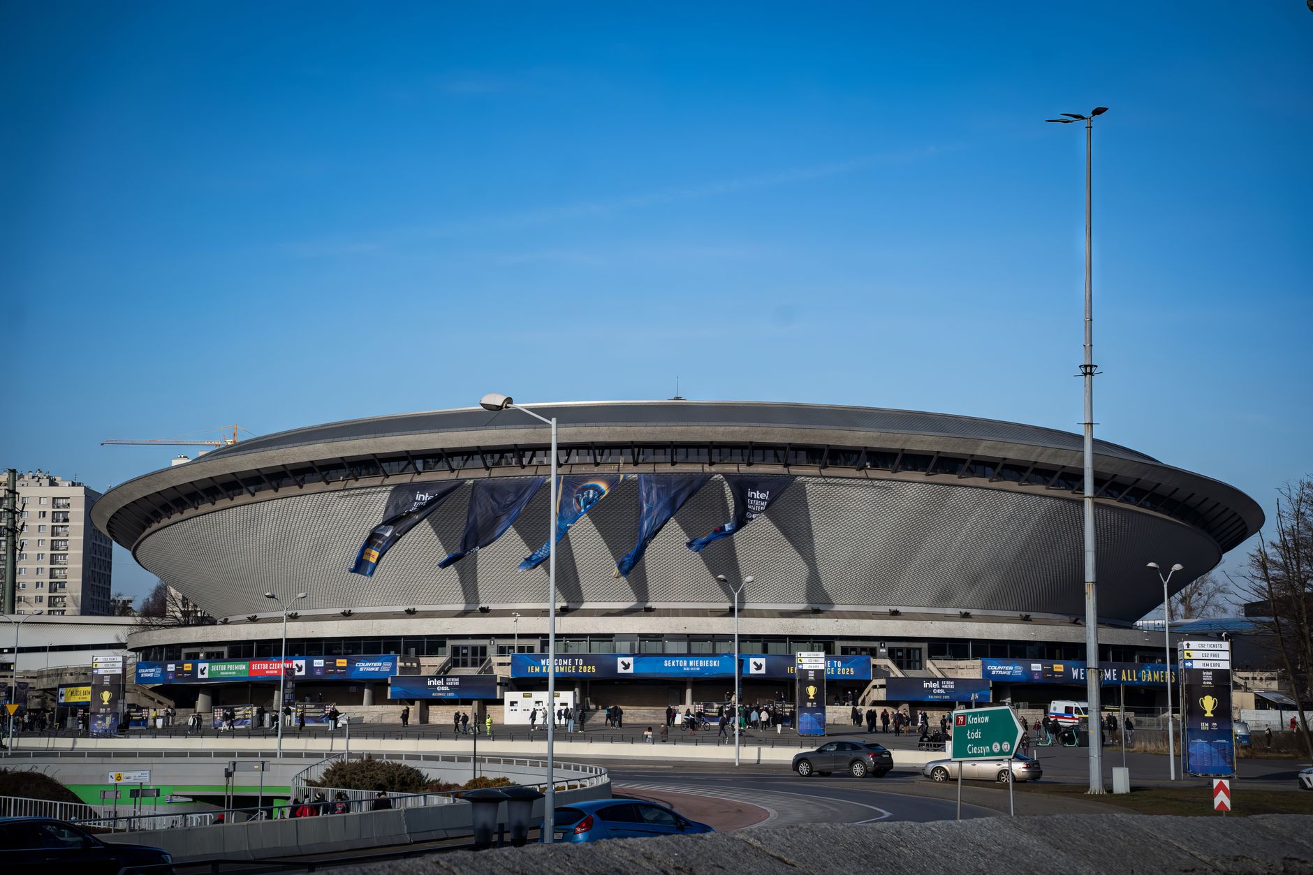 Spodek Arena in Katowice featuring a vibrant esports event atmosphere with banners.