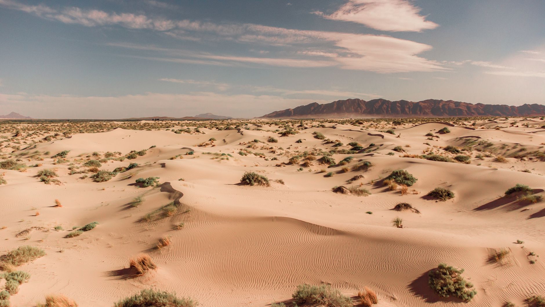 A vast desert scene with sand dunes and distant mountains, evoking a sense of tranquility and solitude.