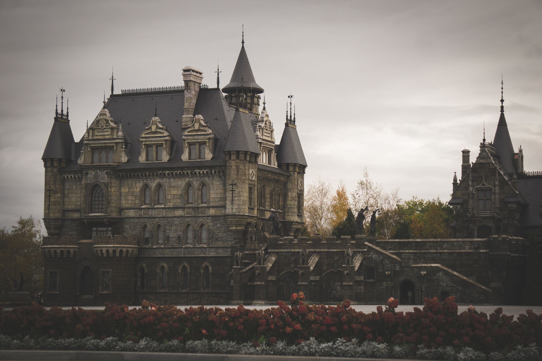 An imposing Gothic-style castle with a gloomy sky, perfect for historical and fantasy themes.